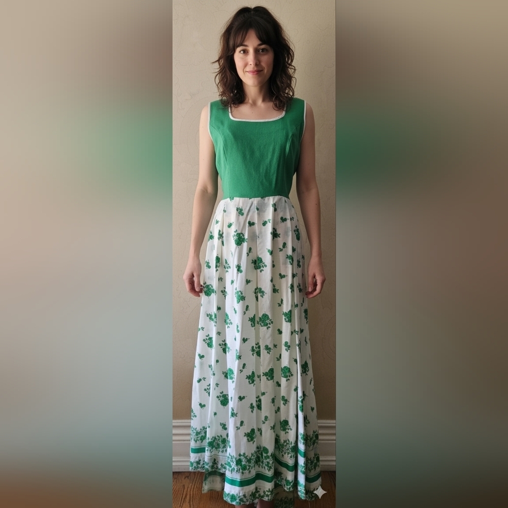 Vintage Leslie Faye Bohemian Twill Greem Bodice Floral Maxi Dress Tie Back